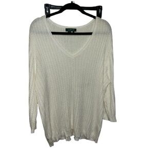 Lauren Ralph Lauren Cream Cable Knit Sweater Women’s 3X Cotton V-Neck